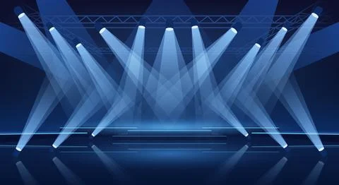 Empty concert stage background multiple blue spotlights. Bright light beams.. Stock Illustration