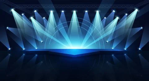 Empty concert stage with a dark blue background and spotlights dynamic ligh.. 스톡 일러스트
