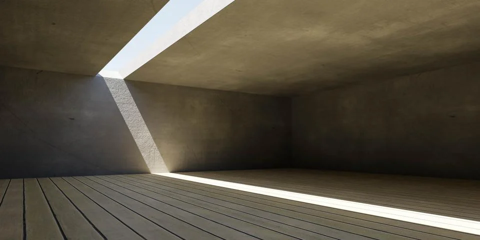 Empty concrete basement interior with sky and day lighting and wood plank floor Ilustración de archivo