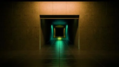 Empty concrete corridor with green and yellow lights leading to darkness Stock Illustration