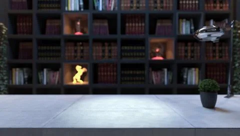 Empty concrete desk front of bookshelf from library Stock Illustration