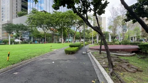 Empty concrete pathway in a green urban park with city buildings 4K Vídeos de archivo 337950646