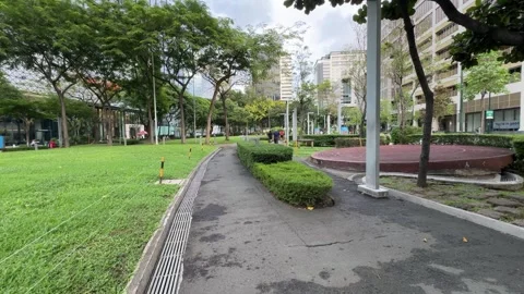 Empty concrete pathway in a green urban park with city buildings 4K Vídeos de archivo 337950660