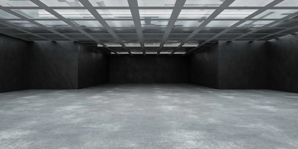 Empty concrete room with grid ceiling 3d render illustration Stock Illustration