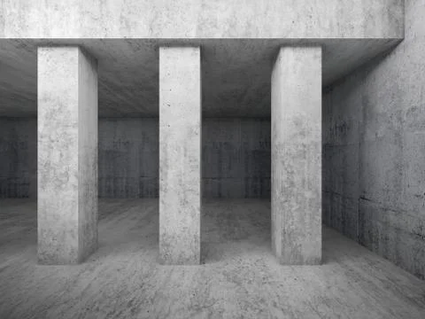 Empty concrete room interior with columns, 3d Stock Illustration