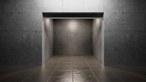 Empty concrete room with open door and spotlights illuminating interior Stock Illustration