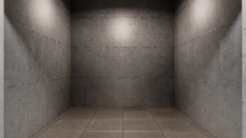 Empty concrete room with tile floor and spotlights illuminating the wall Stockillustratie
