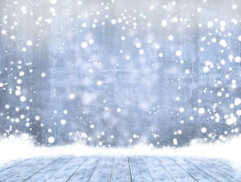 Empty concrete when snowing and ice wood table with snow ready for product di Stock Photos