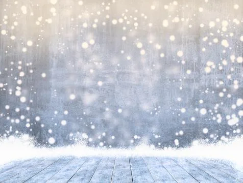 Empty concrete when snowing and ice wood table with snow ready for product di Stock Photos
