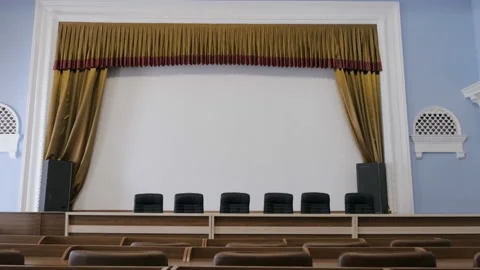 Empty conference hall, large hall for presentations with presidium table Stock Footage 101091175