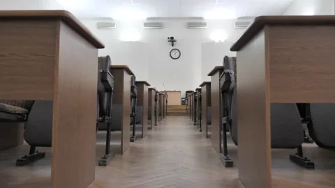 Empty Conference Hall, Lecture Room With Wooden Desks And Soft Chairs Stock Footage 236918307