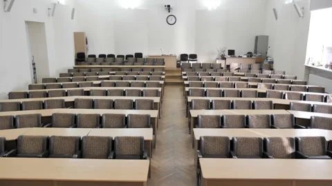 Empty Conference Hall. Rows Of Desks And Soft Sits Stock Footage 236918070