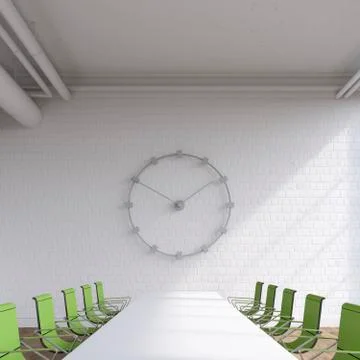 Empty conference room with oversized wall clock, 3D Rendering Stock Illustration