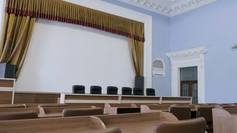 Empty Conference Room With Rows Of Tables And Chairs Stock Footage 101091172