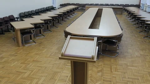 Empty Conference Room With Tables, Sits And Tribune Stock Footage 101159662