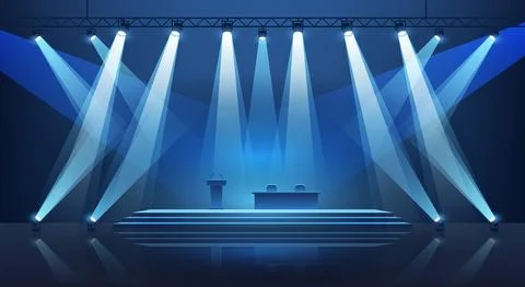Empty conference stage bright blue spotlights from an overhead truss. podiu.. Stock Illustration