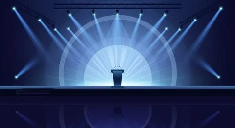 Empty conference stage central podium with microphones, bright blue spotlig.. Stock Illustration