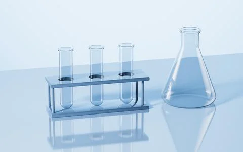 Empty conical flask and glass tubes in the lab, 3d rendering. Stock Illustration