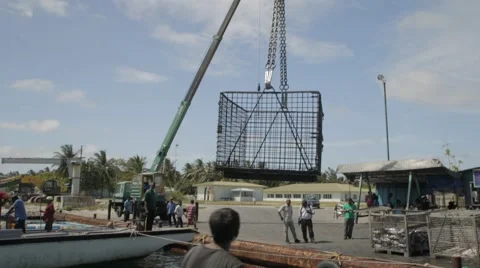 Empty Container Is Lowered Onto The Fishing Boat Stock Footage 60917792