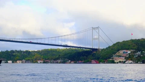 Empty container ship moving on Bosphorus, Istanbul, Turkey - October, 2020. Stock Footage 145680617