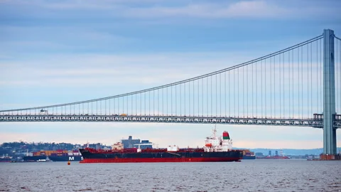 Empty container ship stands under the Verrazzano-Narrows Bridge. View on the Stock Footage 329635960