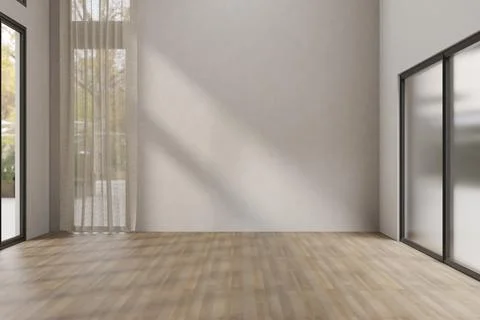 Empty contemporary room with white wall, wood flooring and slide frosted gl.. 스톡 일러스트
