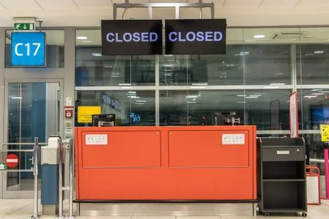 Empty control counter at gate in terminal. Stock Photos