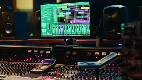 Empty control room professional studio used in music recording industry Stock Footage 270504696