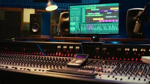 Empty control room running daw software interface on monito Stock Photos