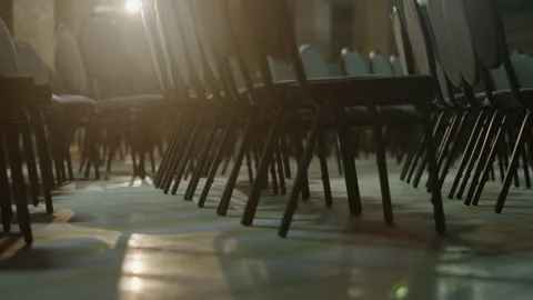 Empty convention hall center, rows of chairs, bottom view, evening scene 4k HQ Stock Footage 233785282