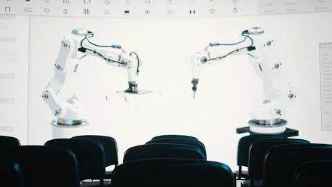 Empty convention space with chairs to present a robot arm Stock Footage 327759861