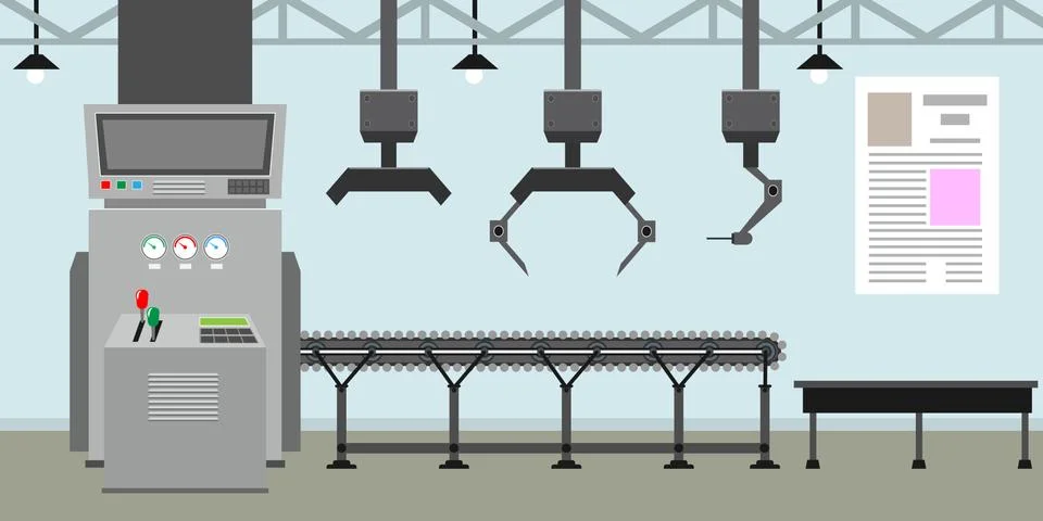 Empty Conveyor belt system with robot hands for mass production. Factory inside Stock Illustration
