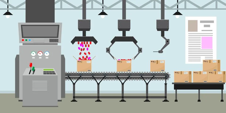Empty Conveyor belt system with robot hands for mass production. Factory inside Stock Illustration