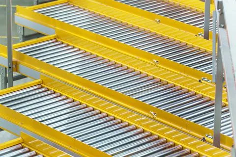 Empty conveyor sorting belt at distribution warehouse. Distribution hub for Stock Photos