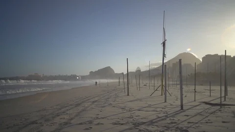 Empty Copacabana Beach without People in Rio de Janeiro, Brazil during COVID-19 Stock Footage 128329667