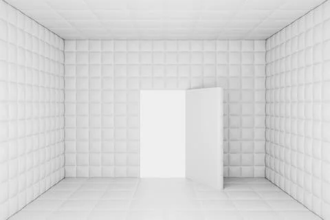 Empty Copy Space White Mental Hospital Padded Room with Opened Door . 3d Re.. Stock Illustration