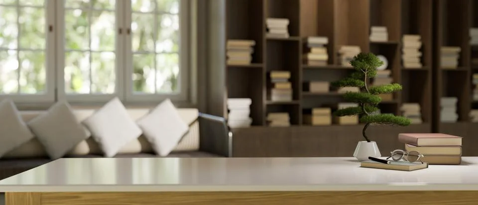 Empty copy space on a white tabletop in a modern, luxury living room with a.. 스톡 일러스트