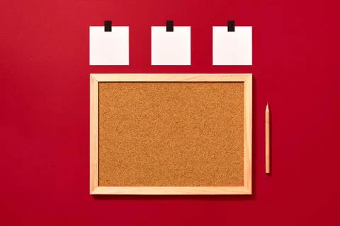 Empty cork board with blank notes and pencil Stock Photos