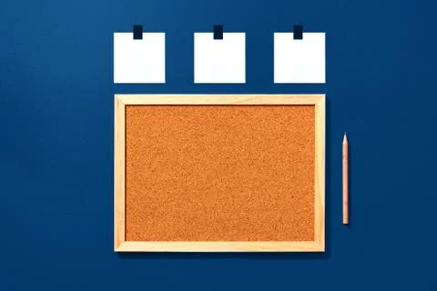 Empty cork board with blank notes and pencil Stock Photos
