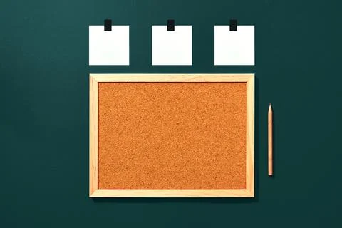 Empty cork board with blank notes and pencil Stock Photos