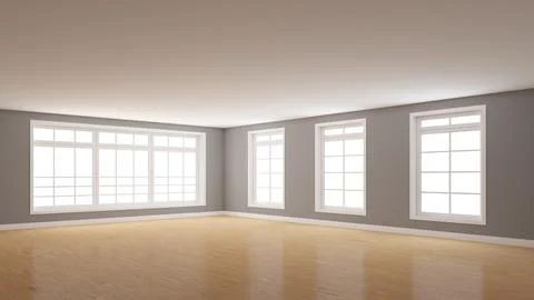 Empty Corner of the Gray Interior whith Four Windows, Light Glossy Parquet Floor Stock Illustration
