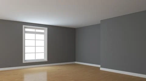 Empty Corner with Gray Walls, White Window, Parquet and a White Plinth Illustrazione stock