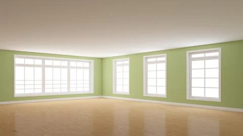 Empty Corner of the Green Interior whith Four Windows, Light Glossy Parquet F Stock Illustration