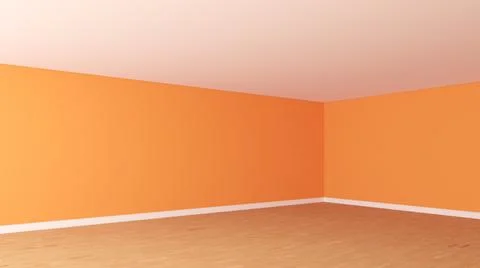Empty Corner of the Interior with Bright Orange Walls, White Ceiling, Parquet Stock Illustration