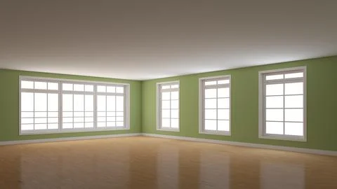 Empty Corner of the Interior with Green Walls, Four Windows, Light Parquet Stock Illustration