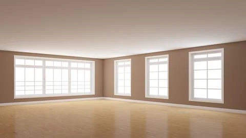 Empty Corner of the Interior with Light Brown Walls, Four Windows, Light Glossy Stock Illustration