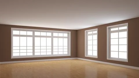 Empty Corner of the Room with Brown Walls, Three Windows, Light Glossy Parquet Stock Illustration