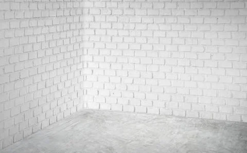 Empty corner white modern brick wall and grey concrete floor perspective room Stock Photos