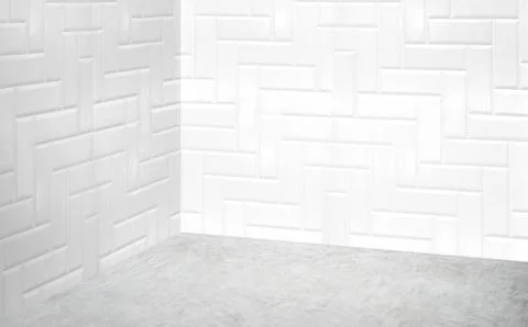Empty corner white modern tile wall and grey concrete floor perspective room, Stock Illustration
