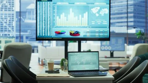 Empty corporation space with advanced technology enhances productivity Stock Photos